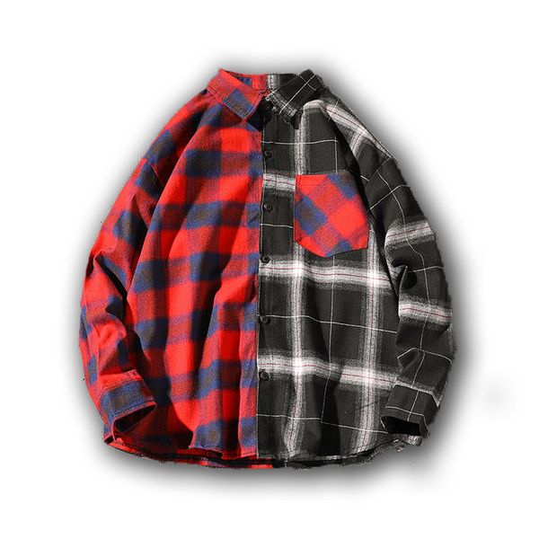 

loldeal splice plaid shirts men checkered shirt new fashion button down long sleeve casual shirts plus size drop shipping, White;black