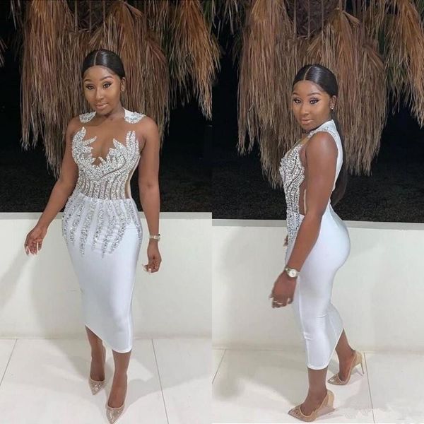 

crystal jewel neck sheath white cocktail dresses beading tea length elastic satin zipper back short prom evening gowns, Black