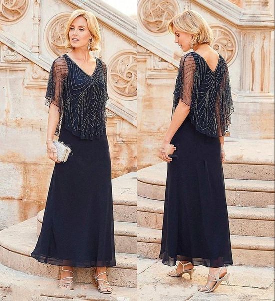 

custom made mother off bride groom dresses navy blue chiffon v neck beadings cap sleeves ankle length mother's formal gowns, Black;red