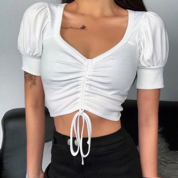 

women summer ruched v neck short sleeve crop women lace up casual tee tshirt white summer shirts drawstring navel t-shirt