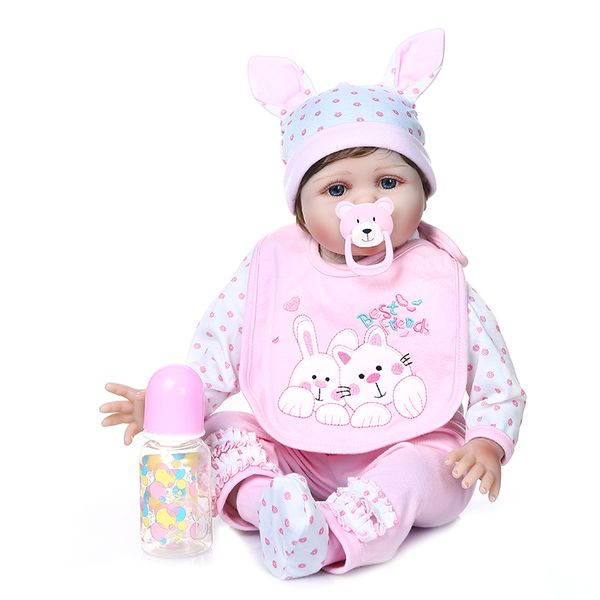 

new 55cm lifelike reborn baby doll soft real cuddly baby girl in pink rabbit dress silicone weighted doll