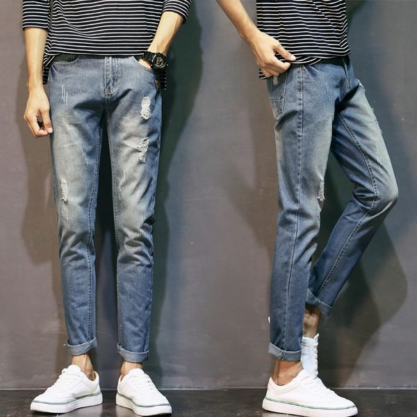 

new men ripped hole jeans 2019 spring summer trend skinny destroyed stretchy ankle length straight pants plus size, Blue