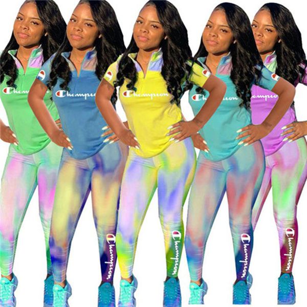 

gradient champions letter tracksuit short sleeve t-shirt + pants leggings two piece women set summer outfits t shirt sportswear suit, White