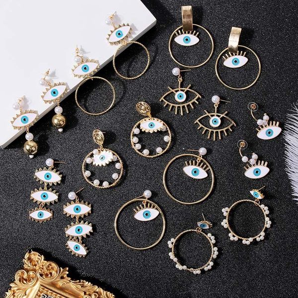 

vintage punk evil eye earrings gold big circle drop earrings for women imitation pearl female earrings boho jewelry gift, Silver