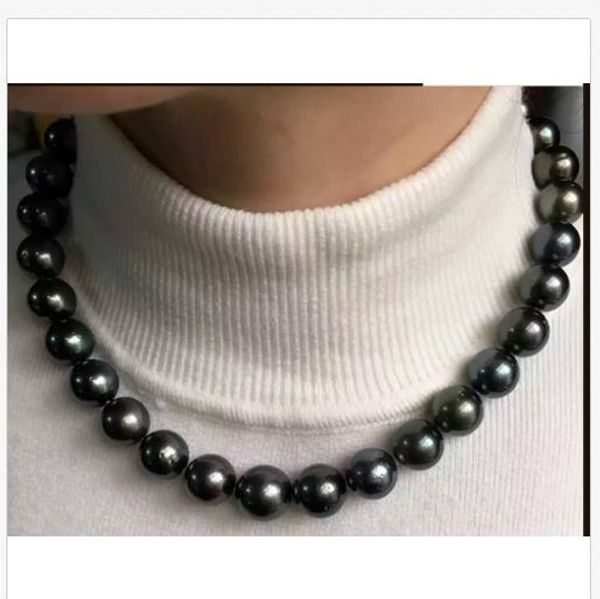 

stunning10-11mm round tahitian black green pearl necklace 18inch 925s, Silver