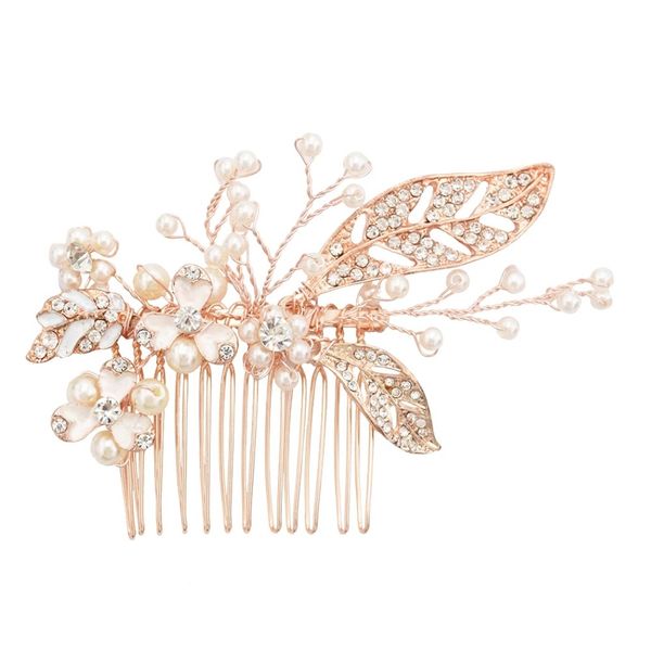 

luxury pearl crystal hair combs headdress prom bridal wedding hair accessory rose gold silver leaf flower jewelry pins, Golden;white