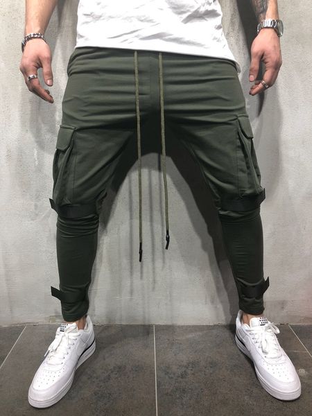 

qnpqyx new men's multi-pocket pants small foot hip hop streetwear pants tethered casual sports pants to wear sweatpants, Black