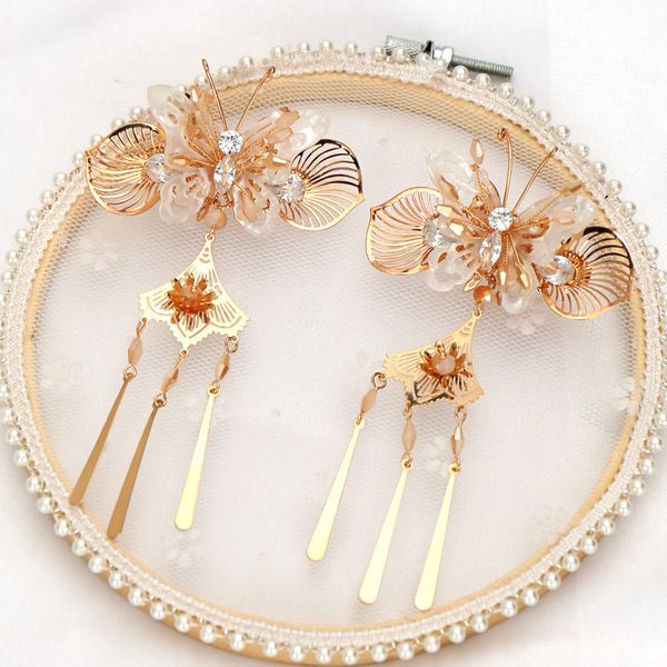

2019 butterfly-shaped antique blonde classical elegance hairpin ornaments women chinese wedding bride's headdress, Golden;white