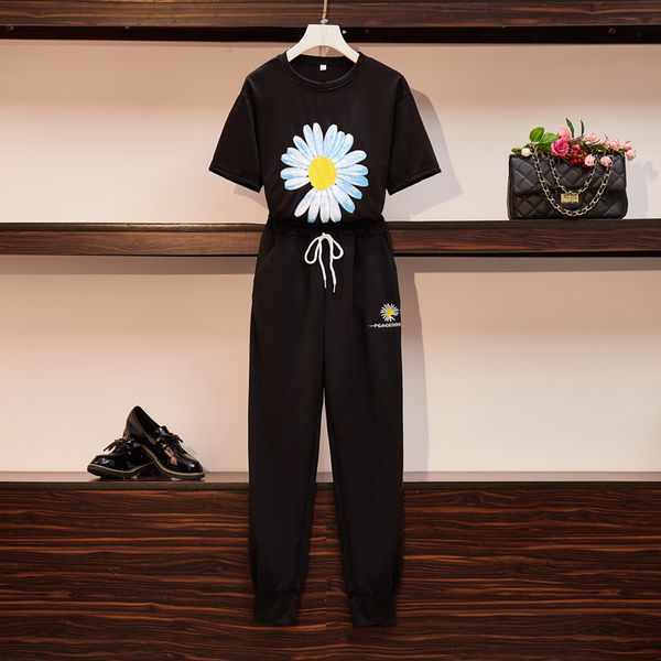 

2020 summer outfit tracksuit sportswear set for women 2 piece set plus size clothing daisy print t-shirt + pants suit female, White