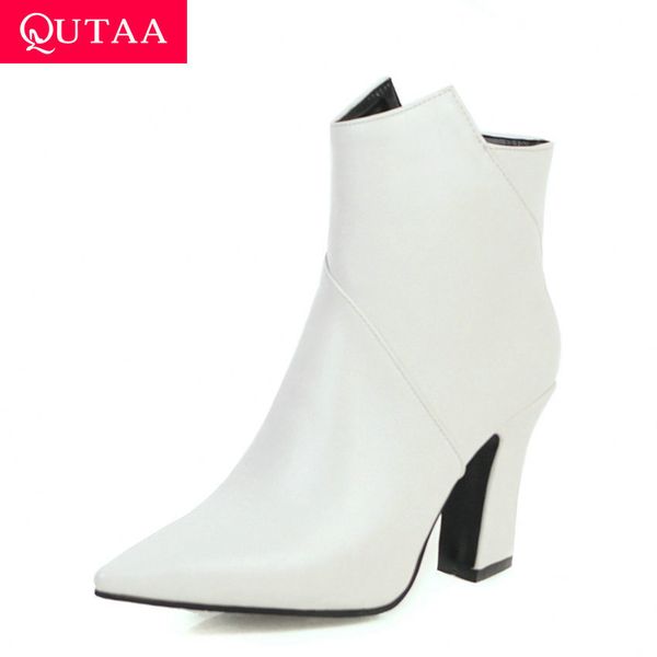 

qutaa 2020 pu leather pointed toe warm fur women shoes autumn winter square high heel zipper fashion ankle boots size 34-43, Black