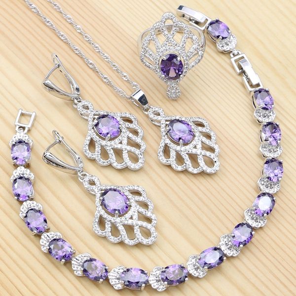 

925 silver wedding jewelry sets for women white crystal purple cubic zirconia bracelets/necklace/pendant/earrings/ring