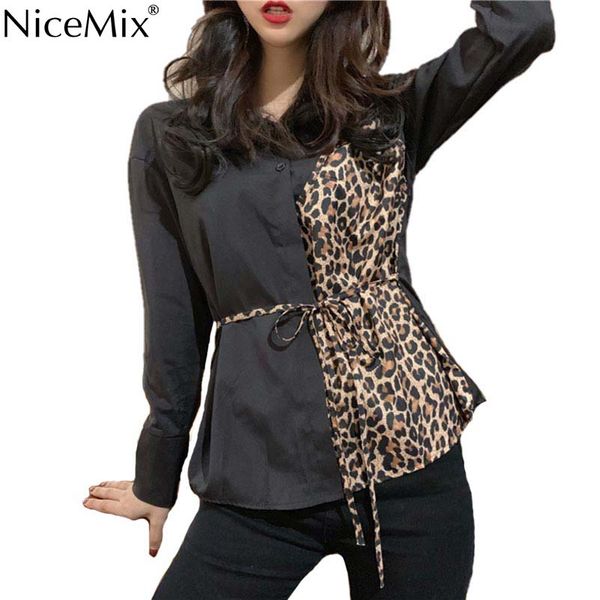 

nicemix лоскутная кружева блузки женские леопардовые с длинным рукавом отложным воротником рубашки весна осень повседневная женщины блузки р, White