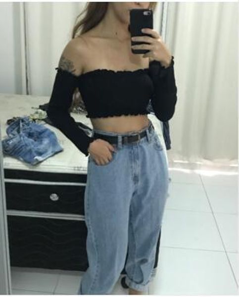 

fashion ruffles elastic slash neck tee new women off shoulder hollow out long sleeve short t -shirt crop 3 colors trend, White