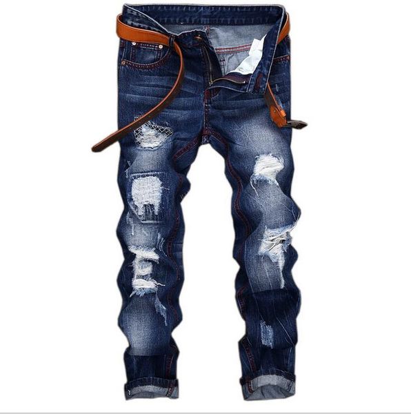 

unique mens distressed ripped straight leg jeans fashion designer retro washed embroidery bleached streetwear denim pants jb164-1, Blue
