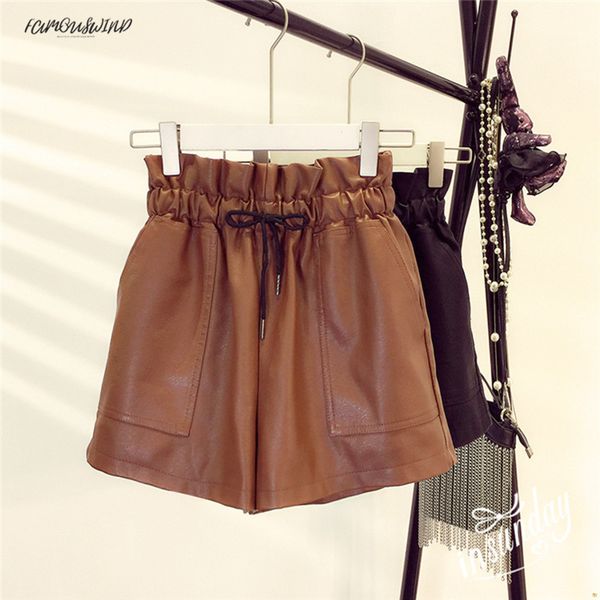 

spring 2019 high new korean style female shorts leather high waist loose wide leg short femme elastic waist belt ing, White;black