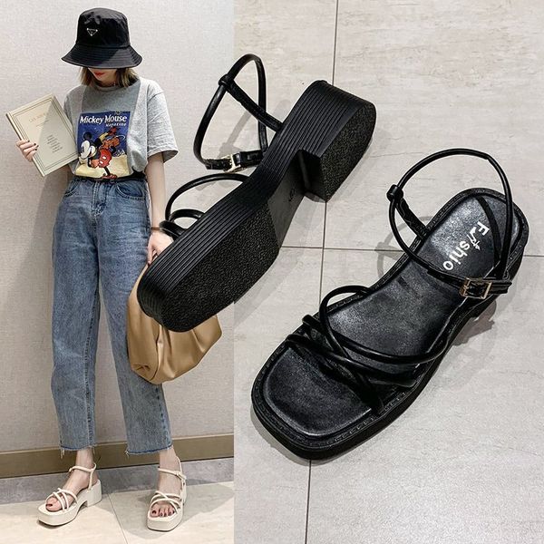 

beach sandal woman buckle strap comfort shoes for women cross-shoes with heel female sandals 2020 summer flat, Black