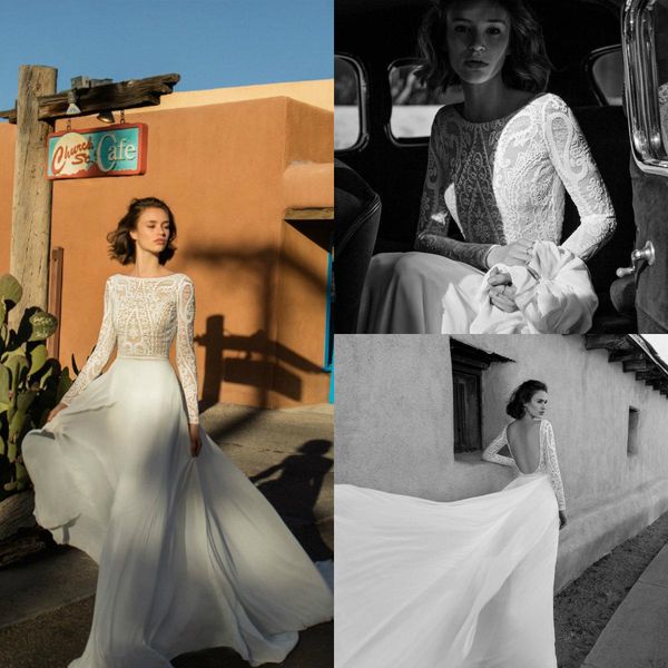 Abiti da sposa Boho Country 2019 Abiti da sposa da spiaggia in chiffon senza schienale a maniche lunghe Abito da sposa a linea semplice e modesto