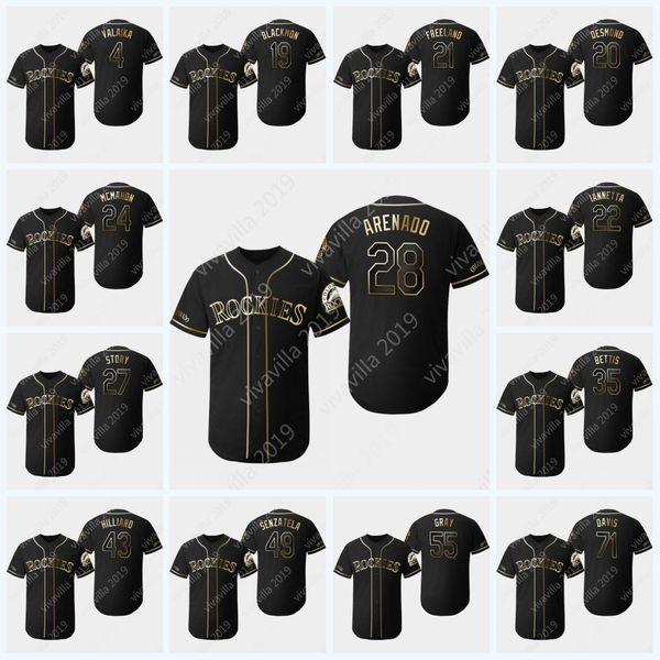 

2019 Black Gold Colorado 28 Nolan Arenado 19 Charlie Blackmon 27 Trevor Story 24 Ryan McMahon 20 Ian Desmond Chris Iannetta Rockies Jerseys