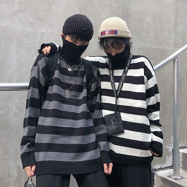 

new fashion street hip-hop casual loose harajuku clothing winter warm black striped high collar long sleeve women sweater, White;black