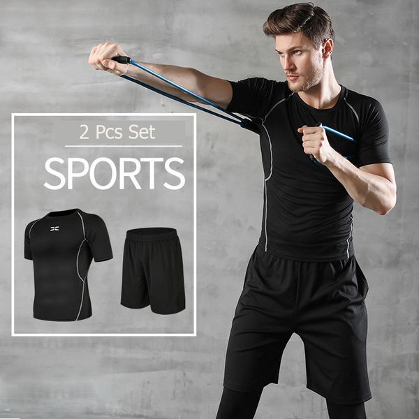 

2 pcs set men sportswear breathable sport suits comfort men's tracksuit gym fitness quick dry sports clothes running training, Black;blue