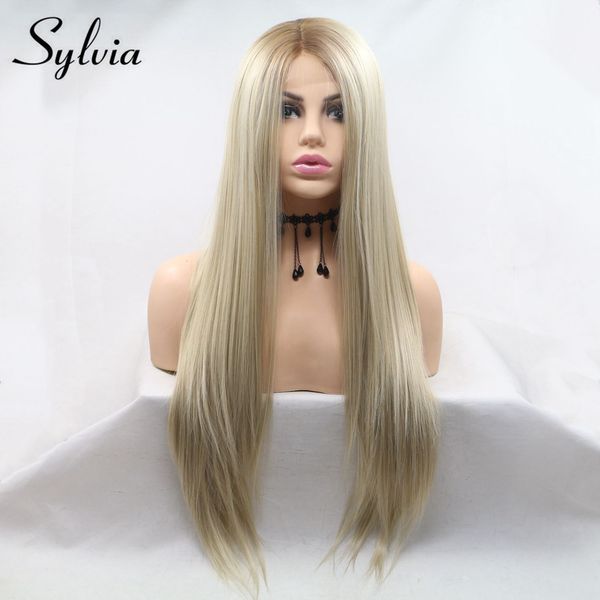 

u part lace front blonde wig heat resistant hair ombre synthetic straight wig brown root side part long wig for women, Black