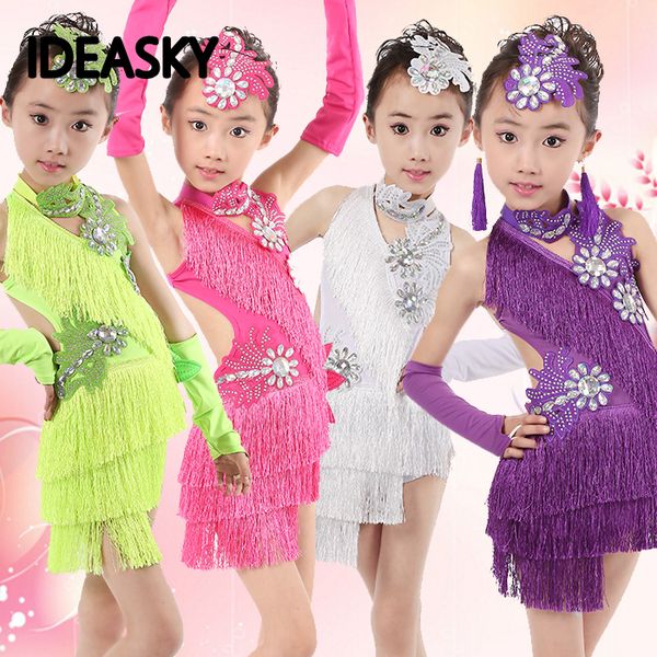 

child kid children professional latin dance dress for girls ballroom dancing dresses for kids red sequin fringe salsa tassel, Black;red
