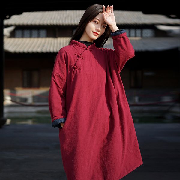 

women winter padded stand collar long coat ladies vintage parkas loose robes female 2019 handmade button overcoat outerwear, Black