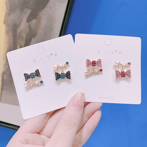 

korea temperament sweet ladies accessories fashion exquisite full rhinestones bow letter love silver needle earrings jewelry, Golden;silver