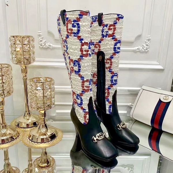 

2019 autumn and winter european station handsome boots high-heeled women's boots side zipper colorblock stripe matching with ms. knight, Black