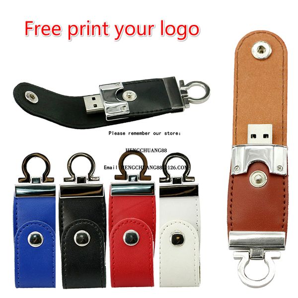 Free Emboss Logo USB Flash Drive 32GB Chaveiro De Metal com Couro Pendrive 64GB 16GB 8GB Business USB Flash 128GB Pen Drive Memory Stick