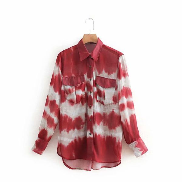 

cs902 women fashion red color tie dyeing long sleeve chiffon blouse summer cool chic loose blouses shirt, White