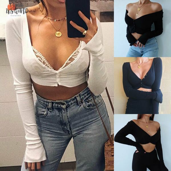 

women summer casual pullover vest buttons deep v neck long sleeve crop shirt new, White