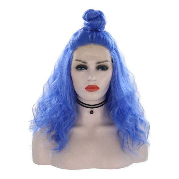 

charisma blue high temperature fiber water wave full hair short wigs synthetic lace front wig for women with middle, Black