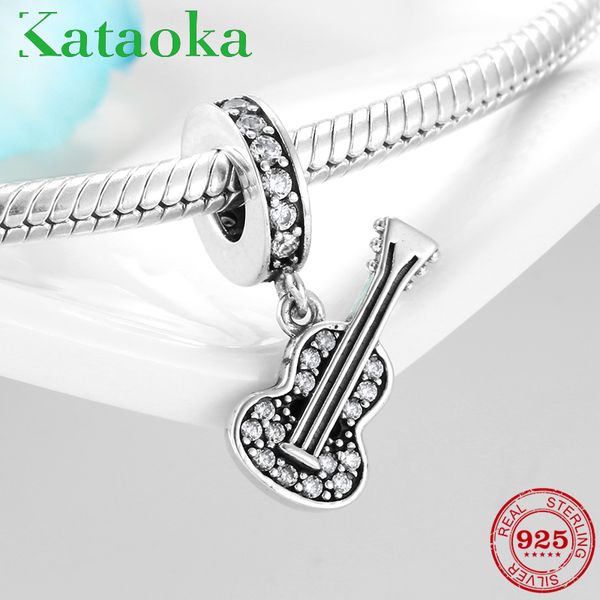 

genuine 925 sterling silver guitar sparkling cz pendants beads for jewelry making fit original pandora charms bracelet bangles