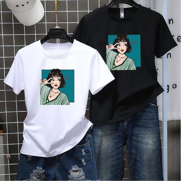 

cute cartoon girl print woman t-shirt spring summer short sleeve round neck women tees slim fit t shirt women, White