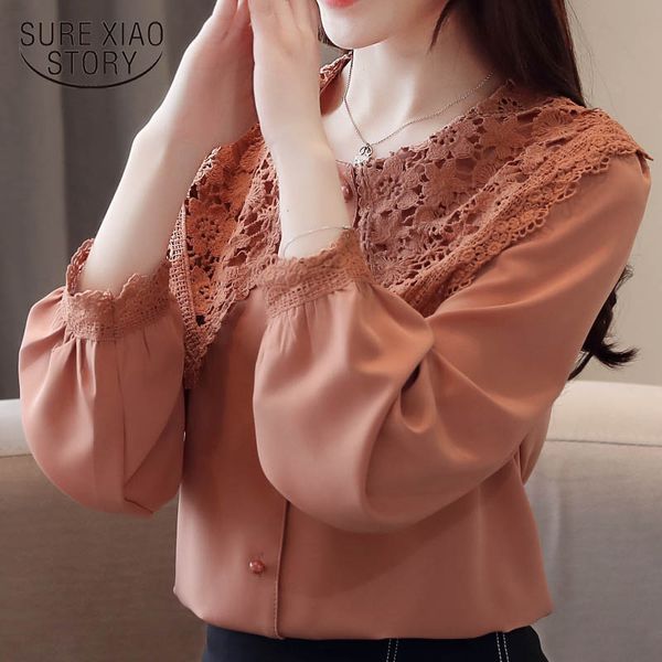 

round neck women lace chiffon 2019 spring new clothing long sleeve lady puff sleeve women fashion chiffon blouse 2443 50, White