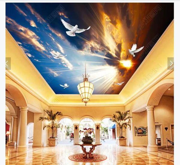 Custom 3d Large Silk Ceiling Mural Photo Wallpaper Realistic Dusk Sky Pigeons Living Room Ceiling Zenith Ceiling Background Mural Free High Quality
