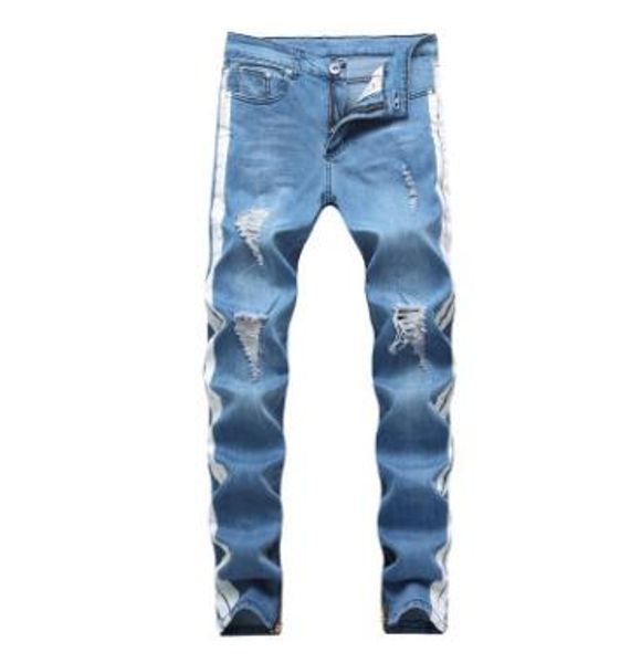 

mens jeans pants with holes black hip hop distressed design jean pencil pants pockets hommes pantalones, Blue