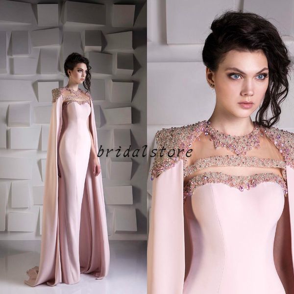 

detailed mermaid prom dresses with cape luxury bead crystal sequined satin formal evening dress wear jewel plus size arabic dubai wrap gowns, Black