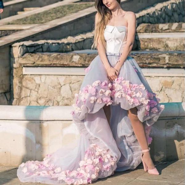 

3d flowers prom dresses 2019 hi lo backless off shoulder homecoming dresses tiered cocktail party girls pageant gowns, Black