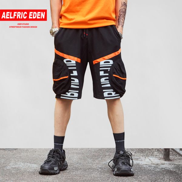 

aelfric eden men sweat shorts men 2019 summer stripe pockets hip hop jogger letter print casual streetwear fashion loose shorts, White;black