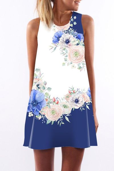 

women dress crew neck summer sling sleeveless hip wrap lady flower blue pattern print white skirt casual pencil dresses size s-xl, Black;gray