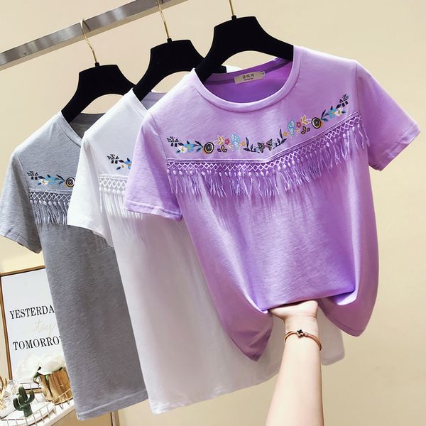 

new fashion summer girls embroidery tassel t shirts women short sleeve tee shirt female students t-shirts women, White