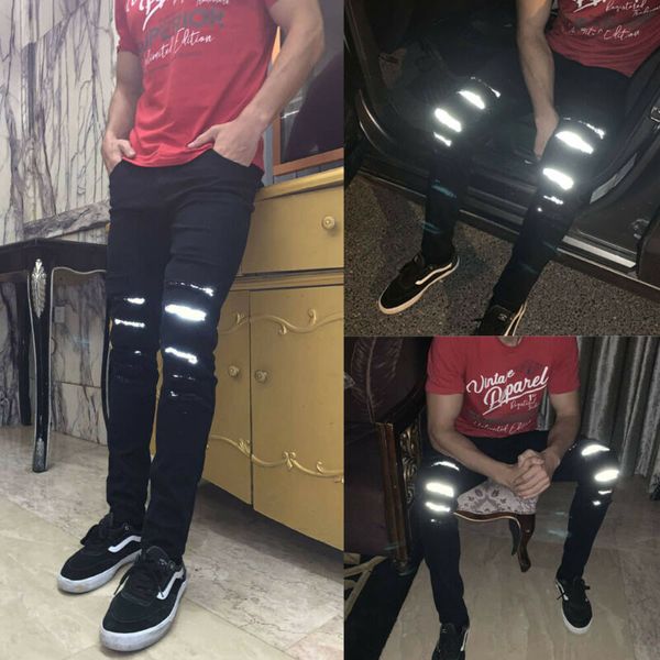 

men 2019 fashion trend hole jeans men skinny super stretch fit ripped reflective black denim pants casual trousers pants black, Blue