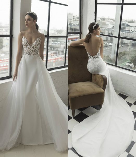

julie vino mermaid wedding dresses with detachable overskirts deep v neck lace appliques backless beading beach bridal gowns, White