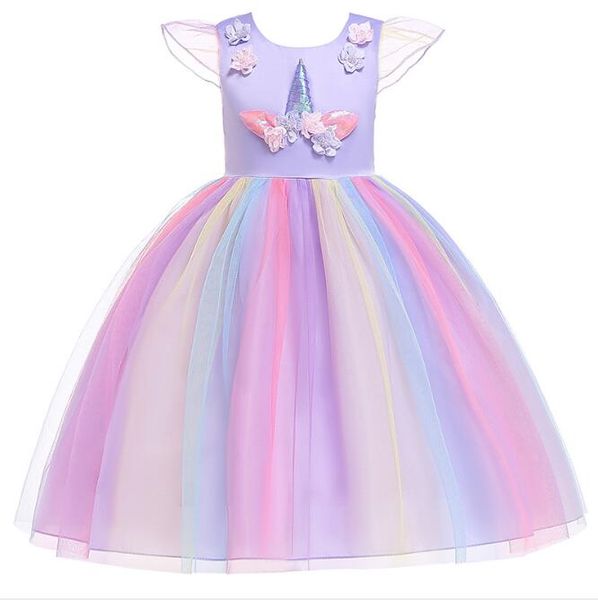 

1pcs 2019 flower girls unicorn appliqued princess dress rainbow ruffle dresses children easter cosplay costumes clothes kids boutique, Red;yellow