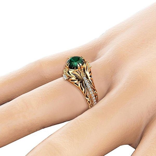 

gilded natural gemstone ring emerald 4 claw bright cut rose gold woman engagement crystal ring jewelry 400, Golden;silver