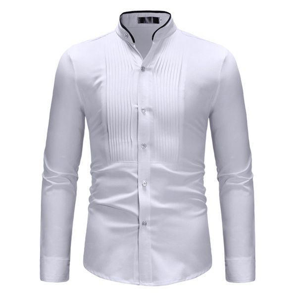 

men shirt long sleeve cotton fashion simple fitness solid color stand collar shirt male casual pleated long sleeve clothes, White;black