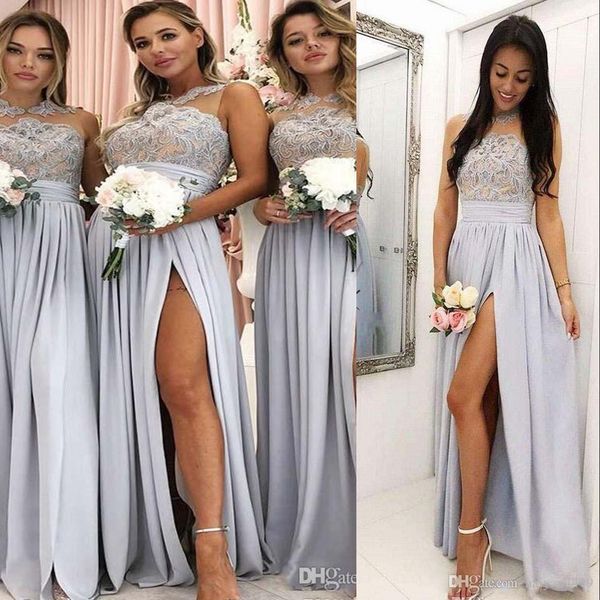 Sier neue Brautjungfernkleider Hochzeit Gastkleider Spitzen Applikationen aufgeteilt bodenlange Sommer Country Garden Plus Size Maid of Honor Kleider 403