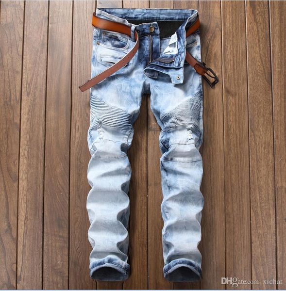 

mens distressed pleated stretch panelled jeans fashion designer retro washed light blue motorcycle straight leg denim pants 17006